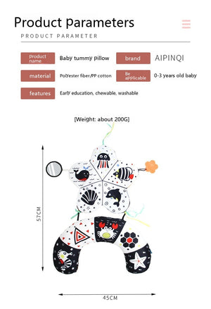 Product parameters of a baby tummy pillow with AIPINQI branding on a white background.