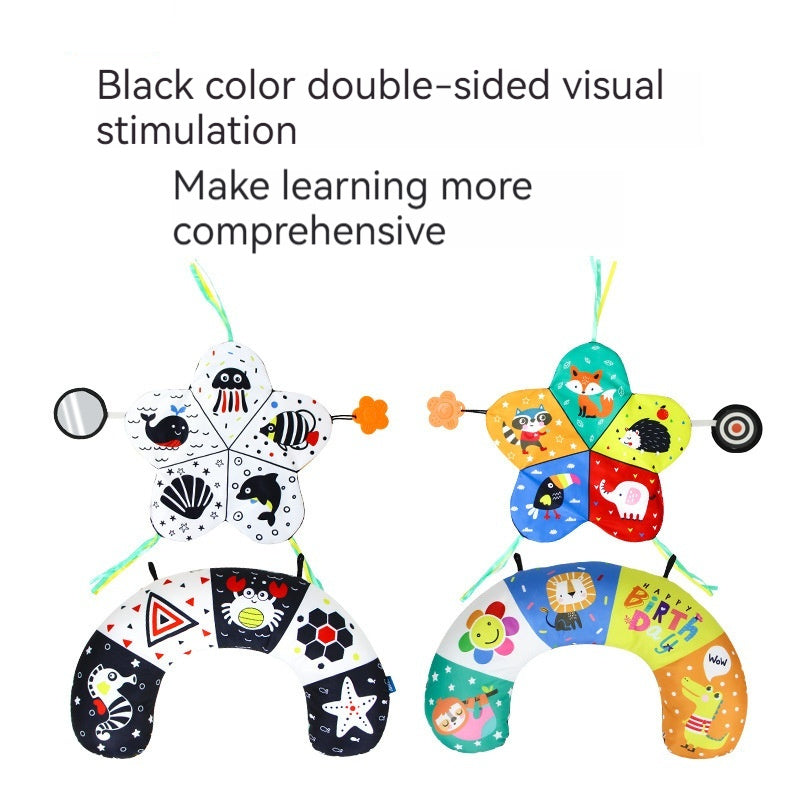 Double-sided visual stimulation toy with animal and pattern designs on a white background.