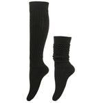 Black knee-high sock with textured cuff on a white background
