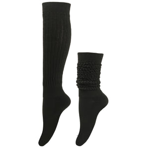 Black knee-high sock with textured cuff on a white background