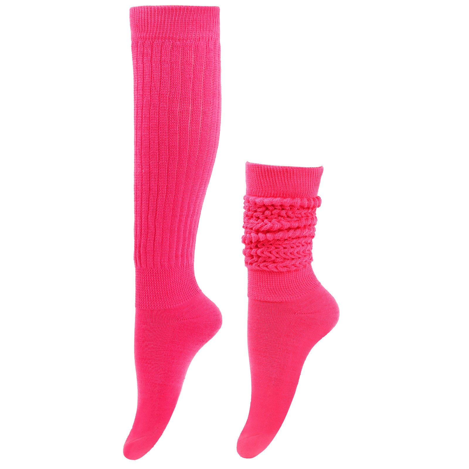 Two pairs of bright pink socks, one knee-high and one ankle-high, on a white background.