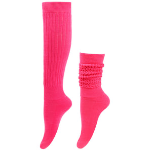 Two pairs of bright pink socks, one knee-high and one ankle-high, on a white background.