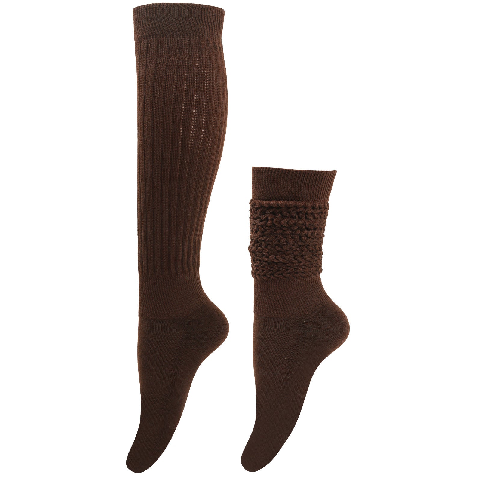 Pair of brown knee-high socks on a white background