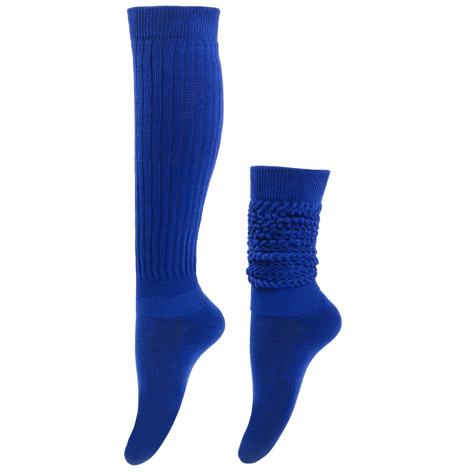 Pair of blue knee-high socks on a white background