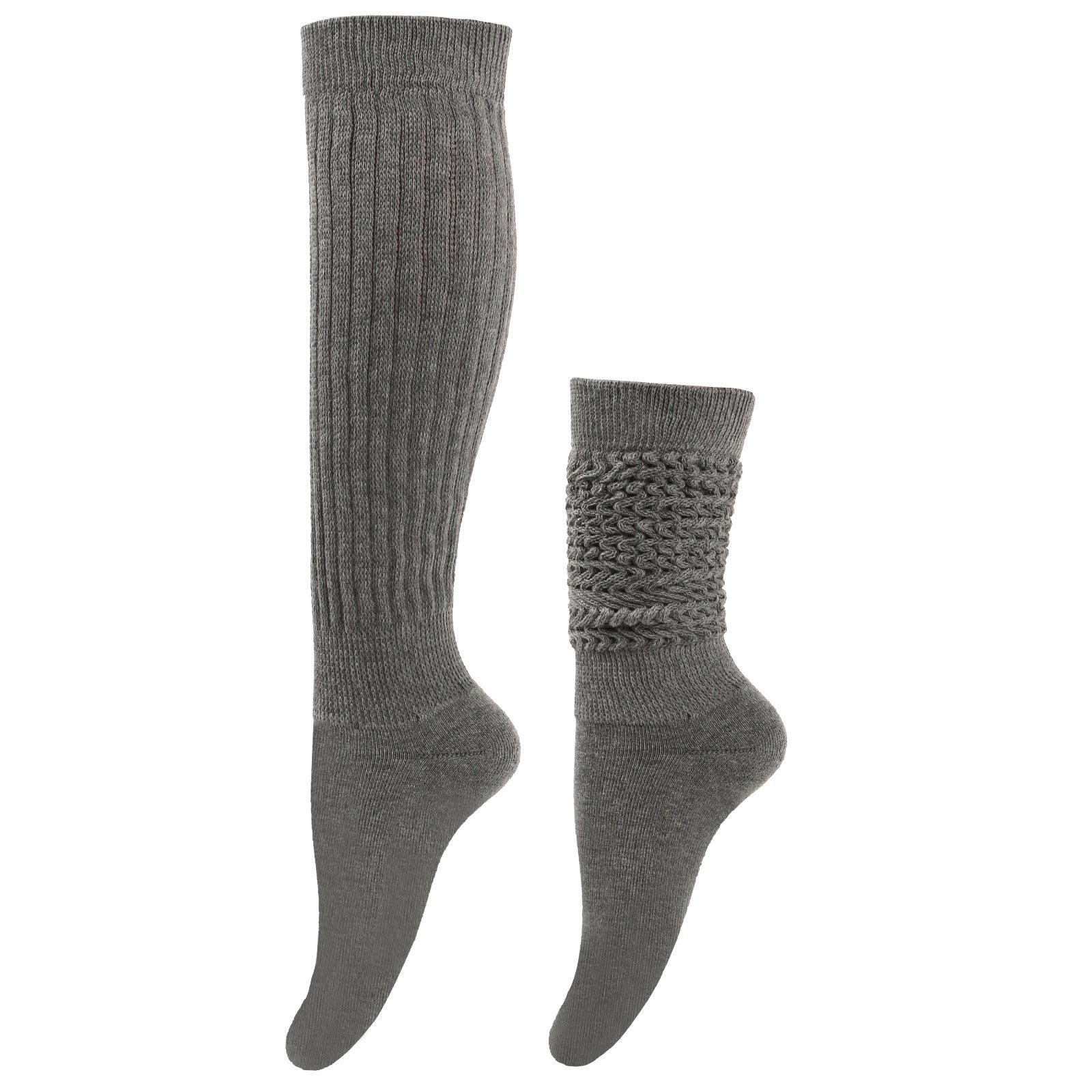 Pair of gray knee-high and ankle socks on a white background