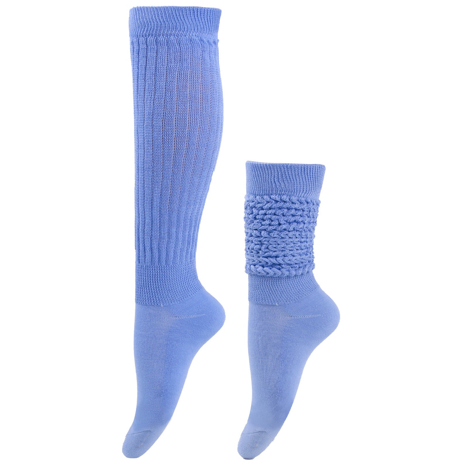 Pair of blue knee-high socks on a white background