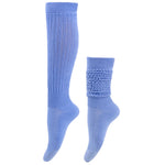 Pair of blue knee-high socks on a white background