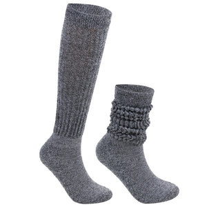 Pair of gray socks with textured pattern on a white background