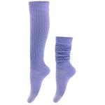 Pair of purple socks with textured top on a white background