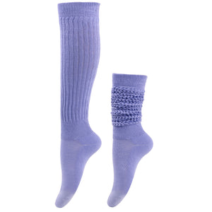 Pair of purple socks with textured top on a white background