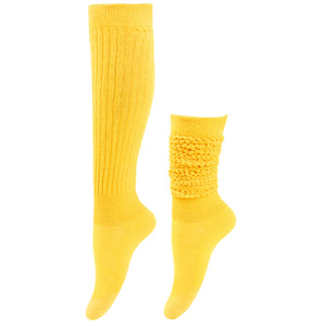 Yellow knee-high socks with textured design on a white background