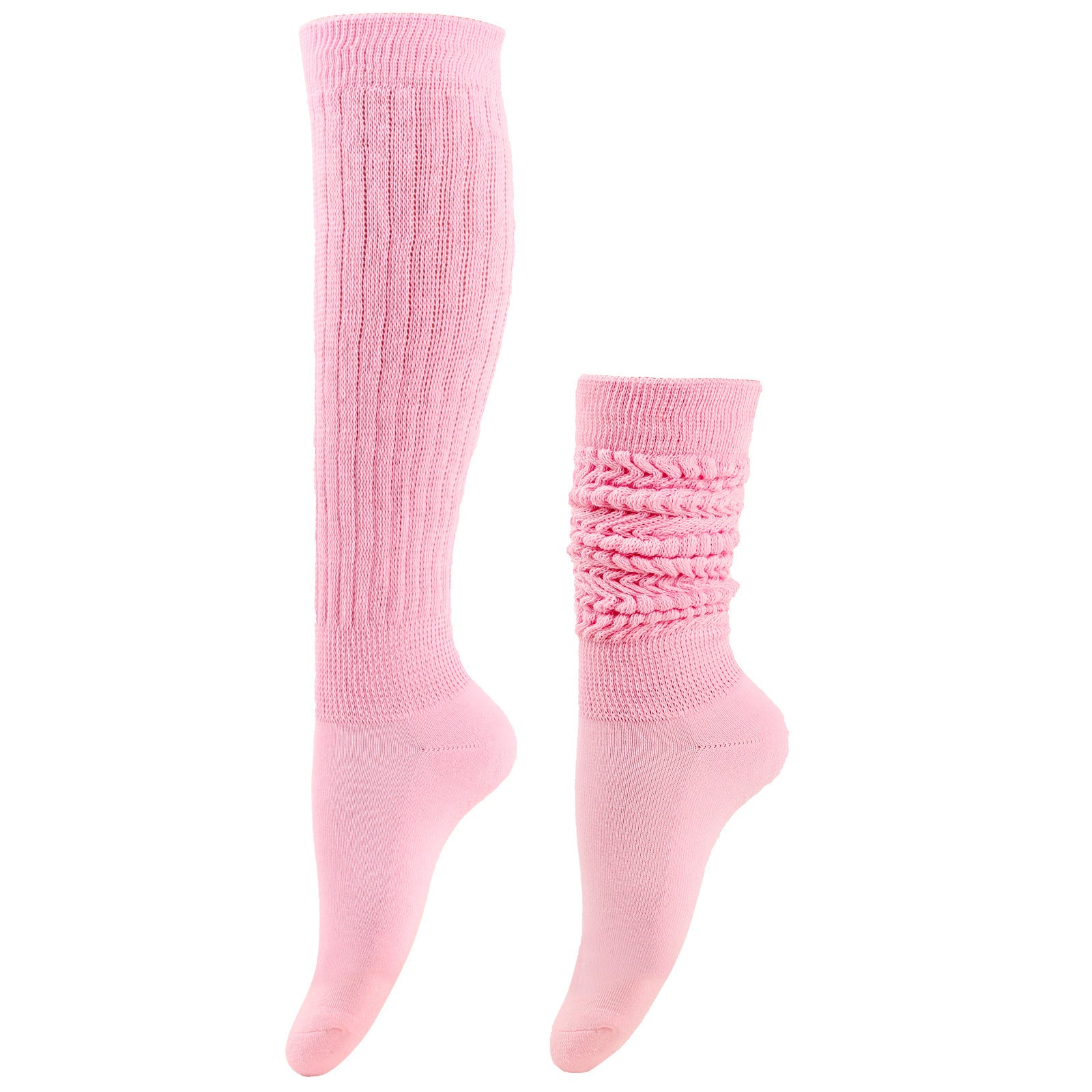 Pair of pink knee-high socks with textured top on a white background