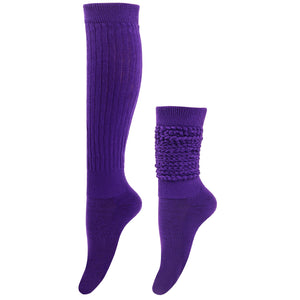 Purple knee-high socks with textured cuff on a white background