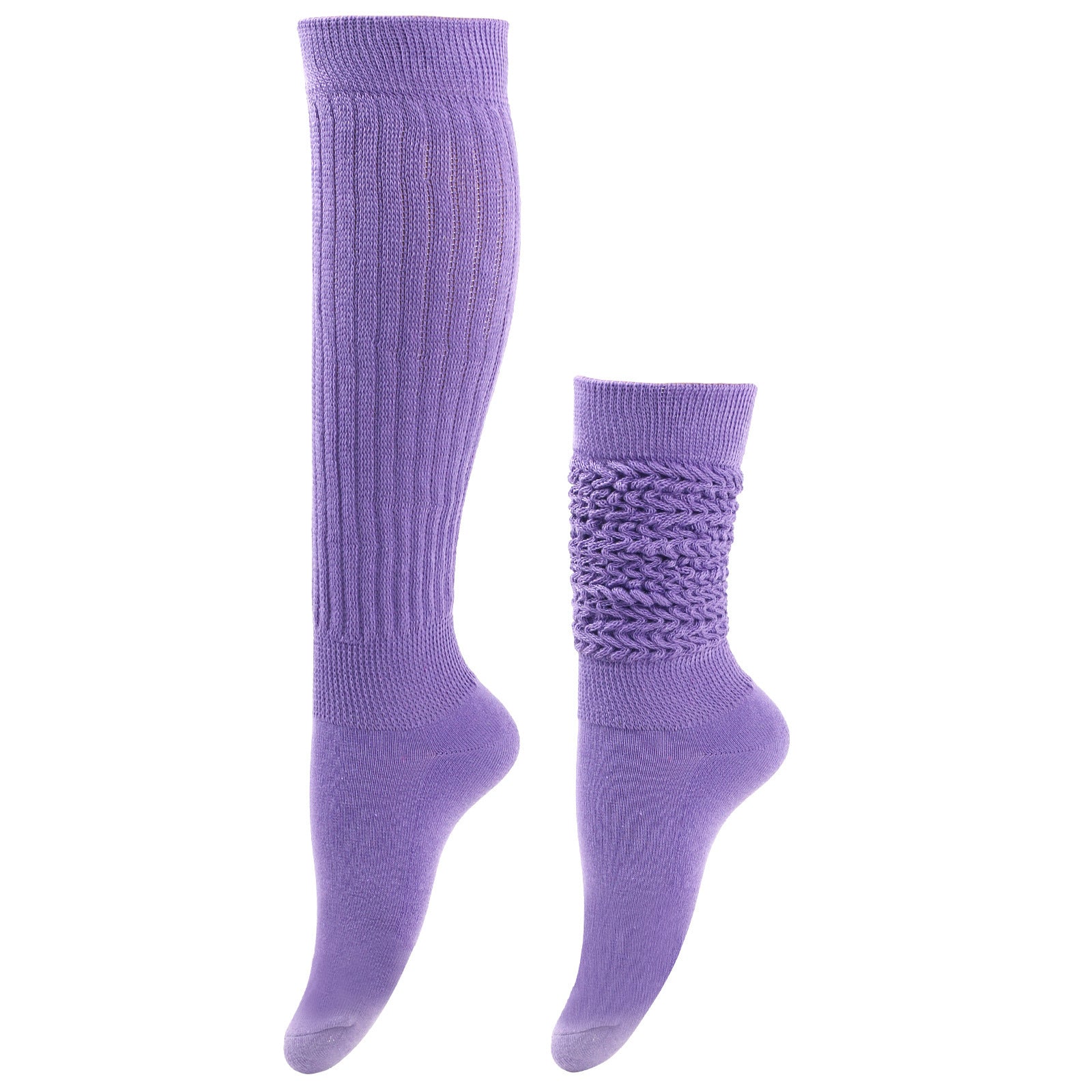 Purple knee-high and ankle socks on a white background