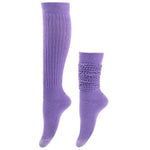 Purple knee-high and ankle socks on a white background