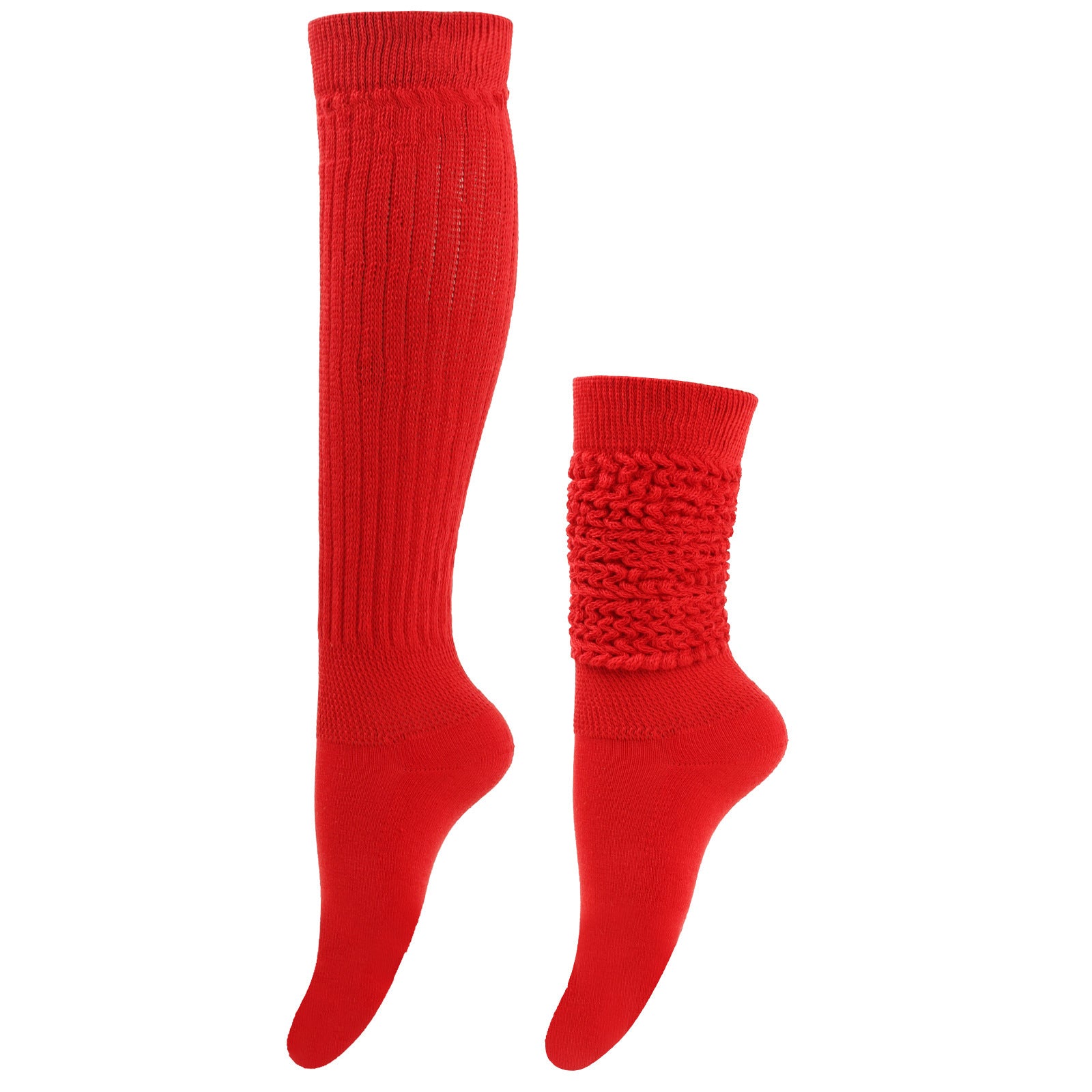 Red knee-high socks with textured top on a white background