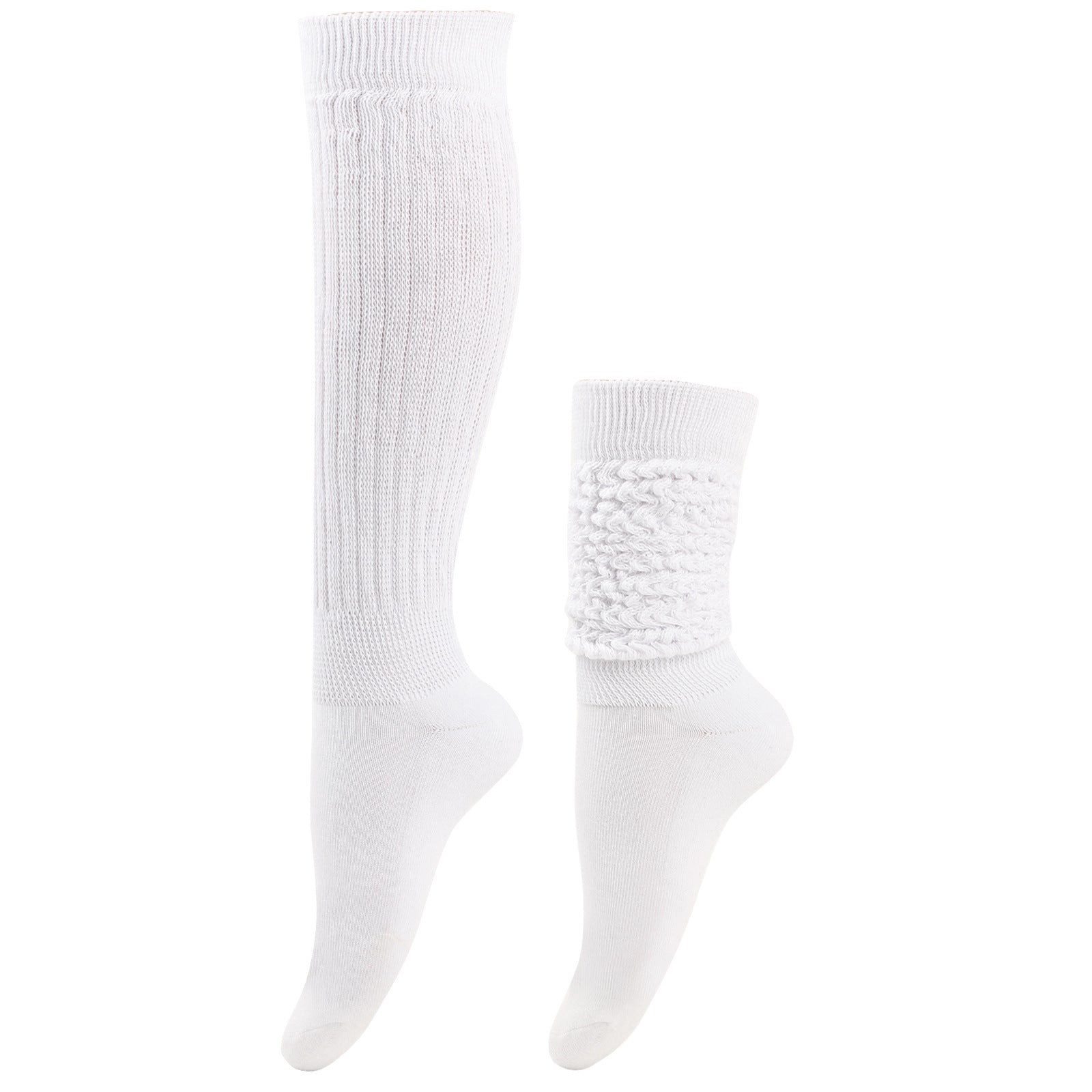 White knee-high sock with textured cuff on a white background