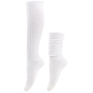 White knee-high sock with textured cuff on a white background