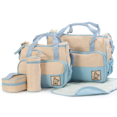 Set of beige and light blue bags with a logo on a white background