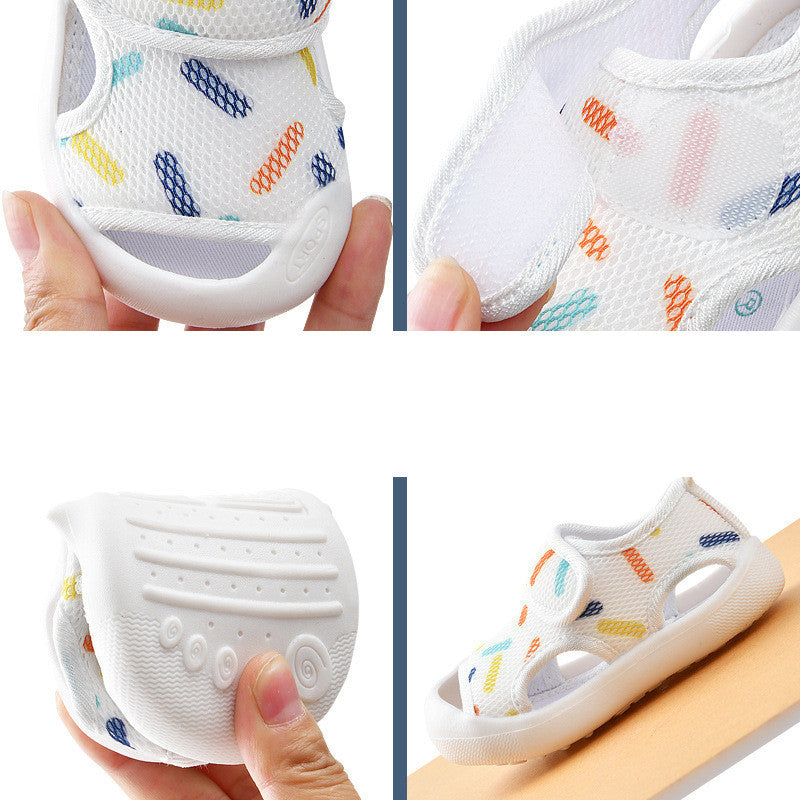 Collage of baby shoes with colorful patterns held by a hand.