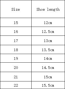 Table showing shoe size and corresponding length in centimeters