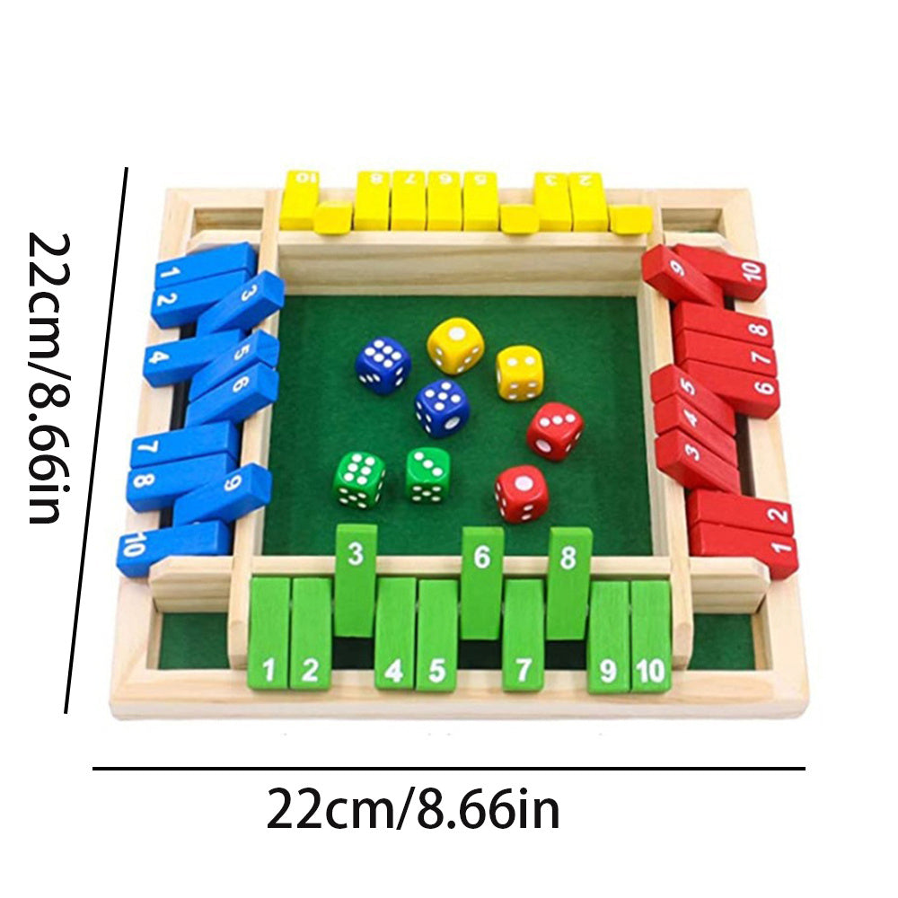 Wooden dice game with colorful dice and wooden blocks on a white background