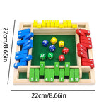 Wooden dice game with colorful dice and wooden blocks on a white background