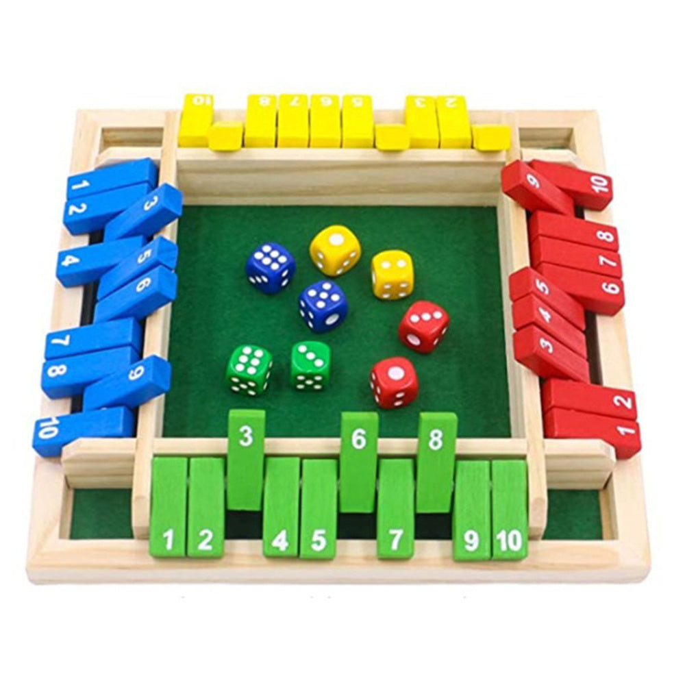 Wooden dice game with colorful dice and numbered blocks on a white background